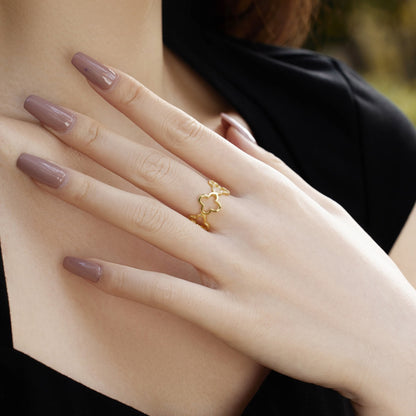 [Clover Jewelry]Hollow Design Four-Leaf Clover Flower Shape Ring