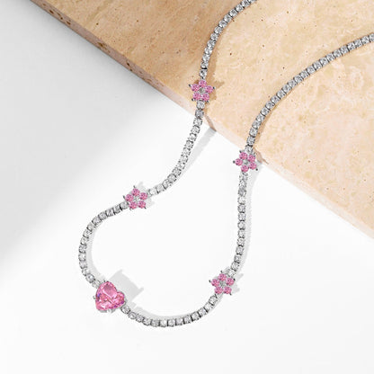 [Clover Jewelry]Dazzling Pink Heart Flower Necklace