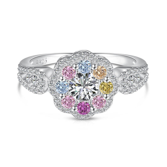 [Clover Jewelry]Delicate Colorful Round Cut Flower Shape Wedding Ring