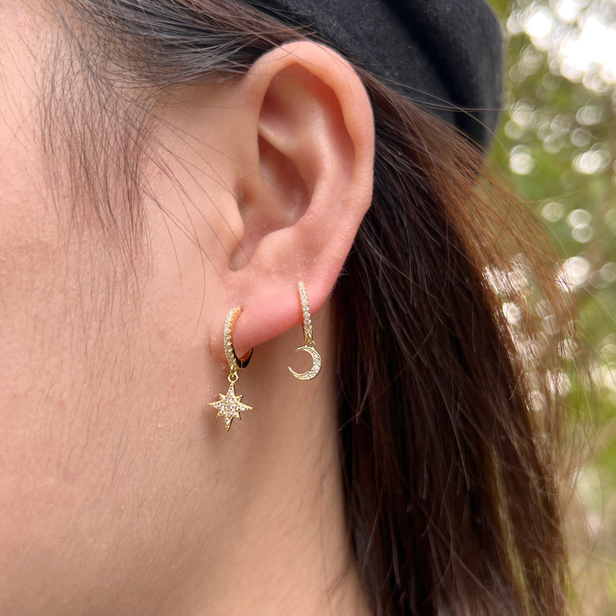 [Clover Jewelry]Star and Moon Asymmetric Earrings