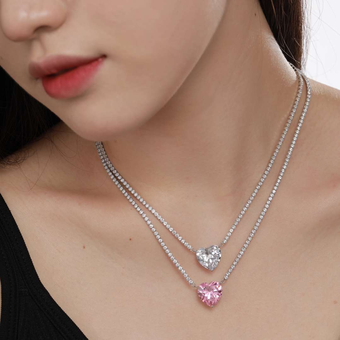 [Clover Jewelry]8.0 Carat Versatile Colorful Sweet Heart-Shaped Tennis Necklace