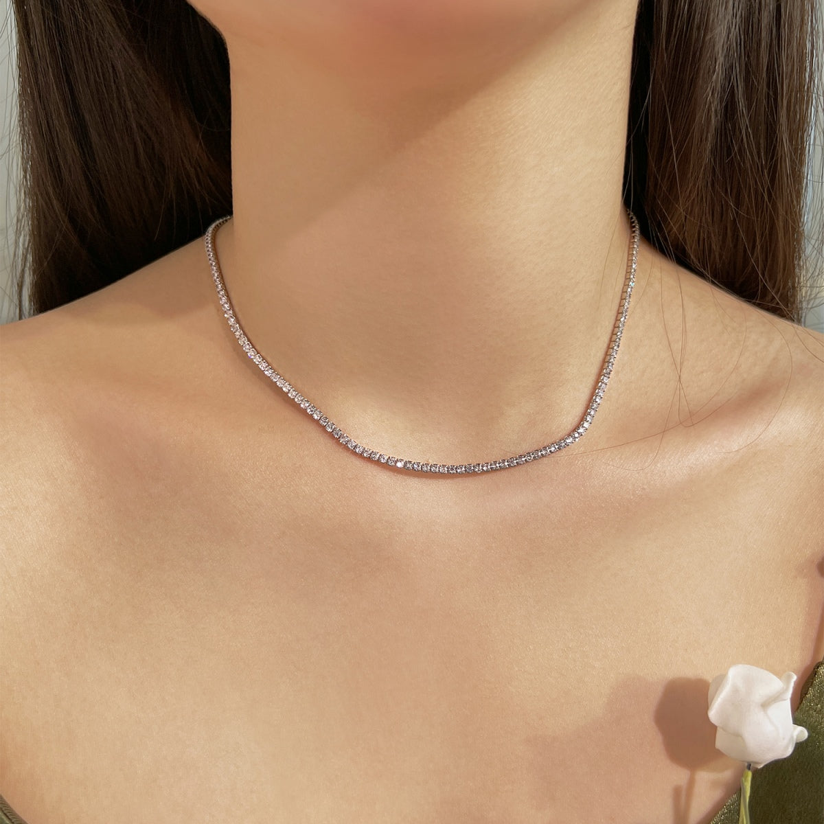 [Clover Jewelry]Delicate Round Shape Tennis Necklace