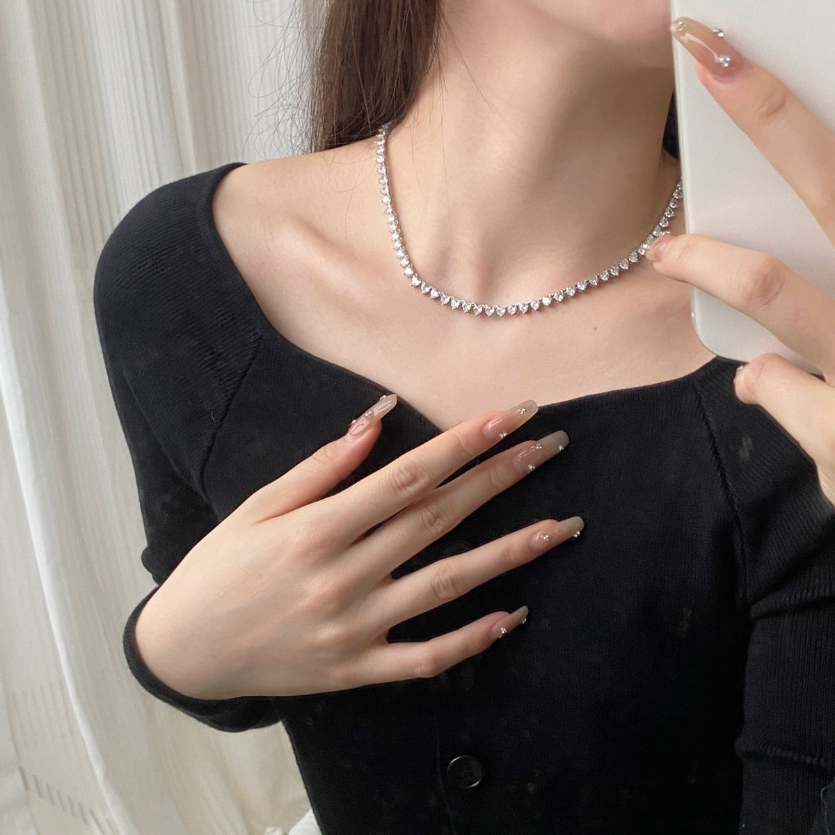 [Clover Jewelry]Ornate Heart Cut Tennis Necklace