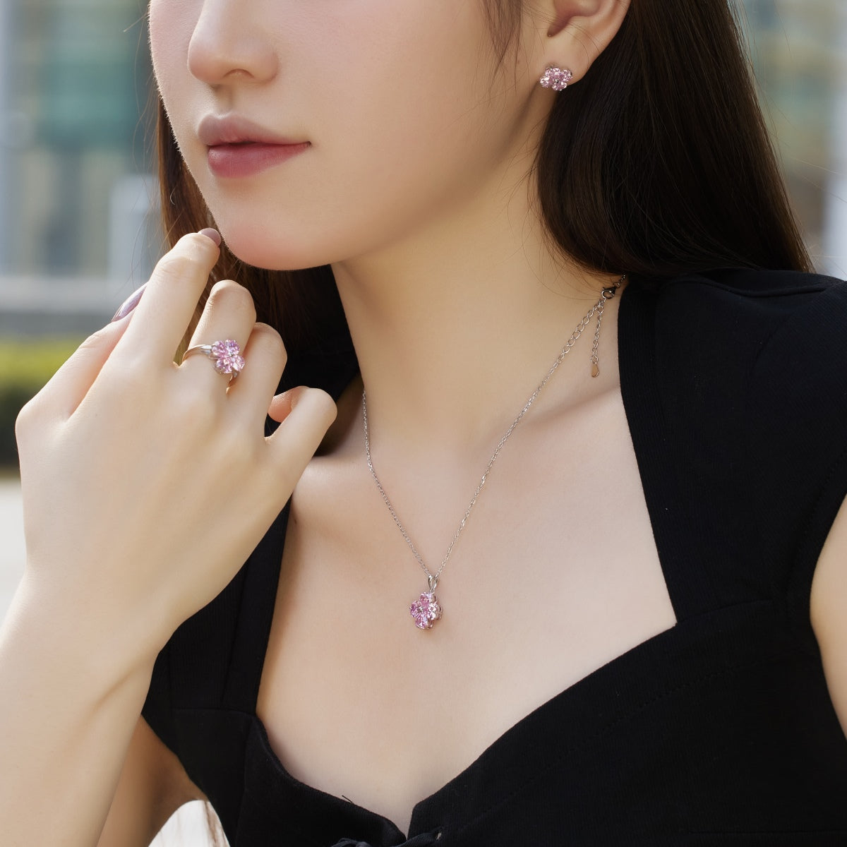 [Clover Jewelry]Heart-Shaped Four-Leaf Clover Bead Necklace